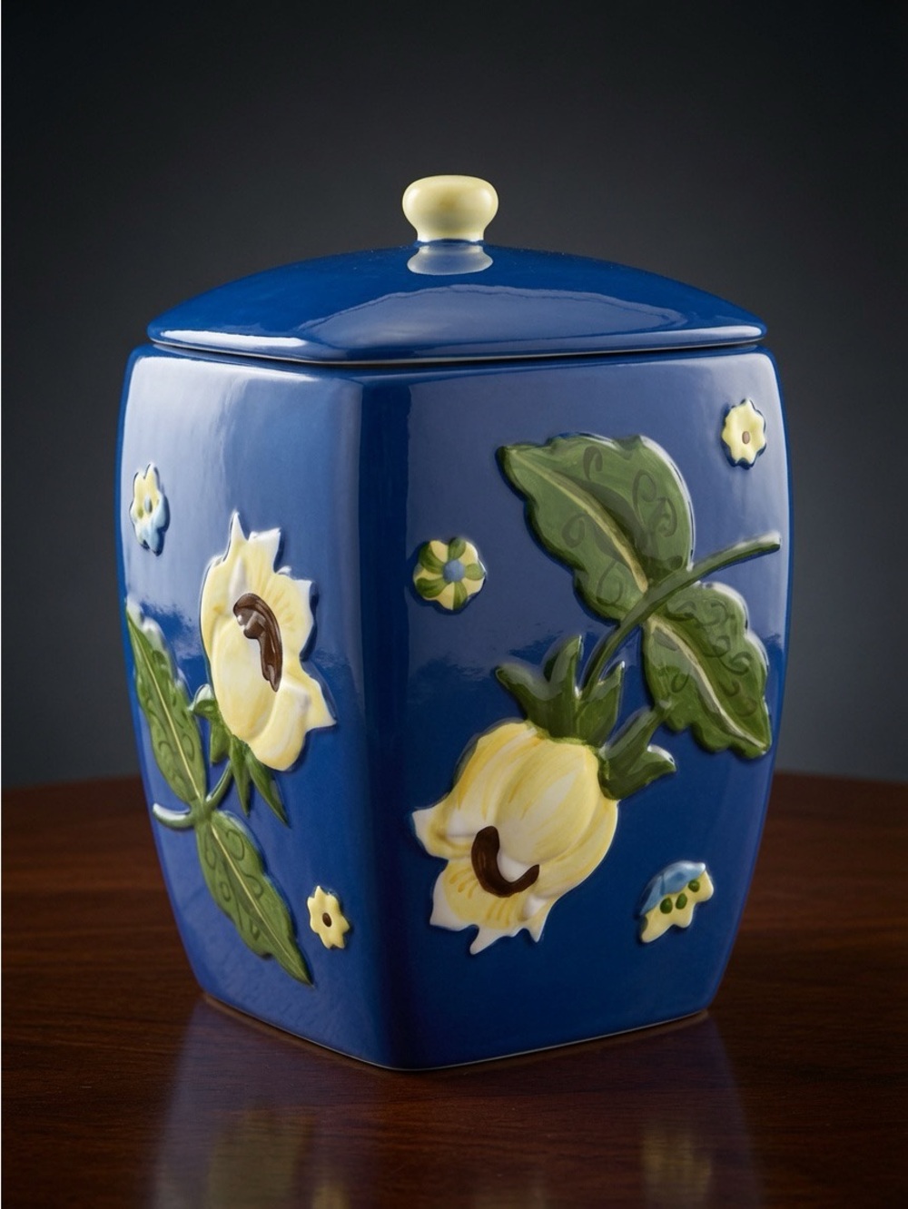 Vintage Occupied Japan Hand Painted Floral Cookie Jar w/Lid 12” Blue Ceramic Min
